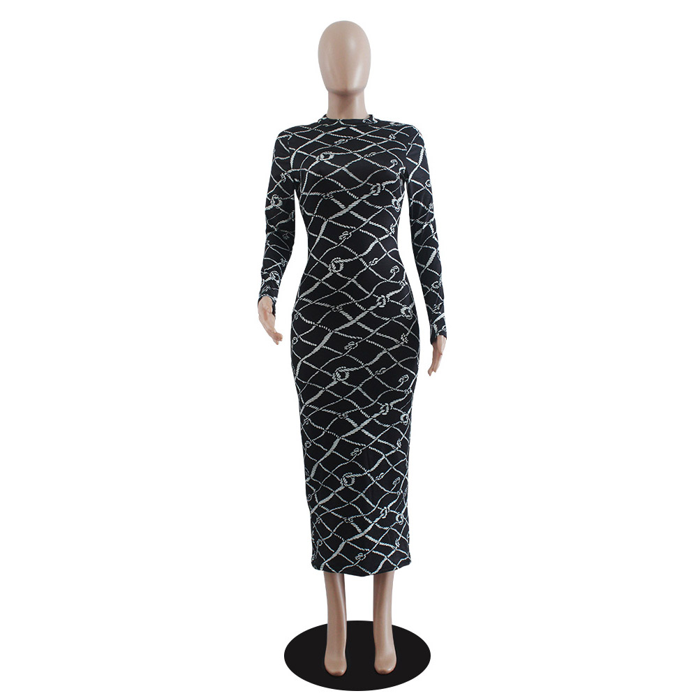 Long Sleeve Mid-Calf Print Pencil Women's Dress - Bodycon Dress
