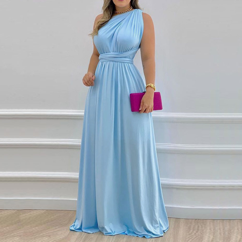 Sleeveless Oblique Collar Asymmetric Floor-Length A-Line Women's Dress - Maxi Dress