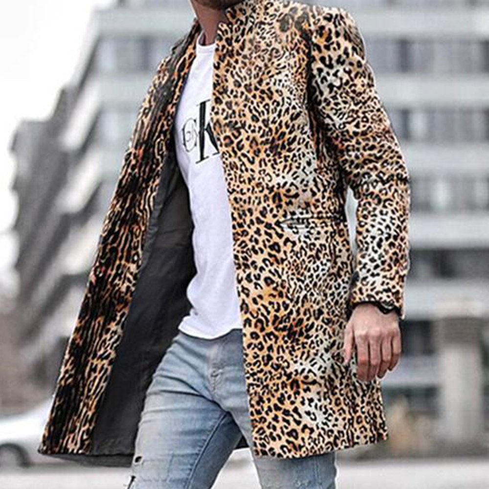 Print Mid-Length Leopard Stand Collar Fashion Men's Coat