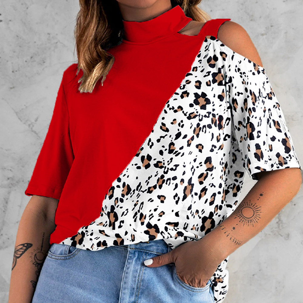 Half Sleeve Stand Collar Mid-Length Leopard Casual Women's T-Shirt