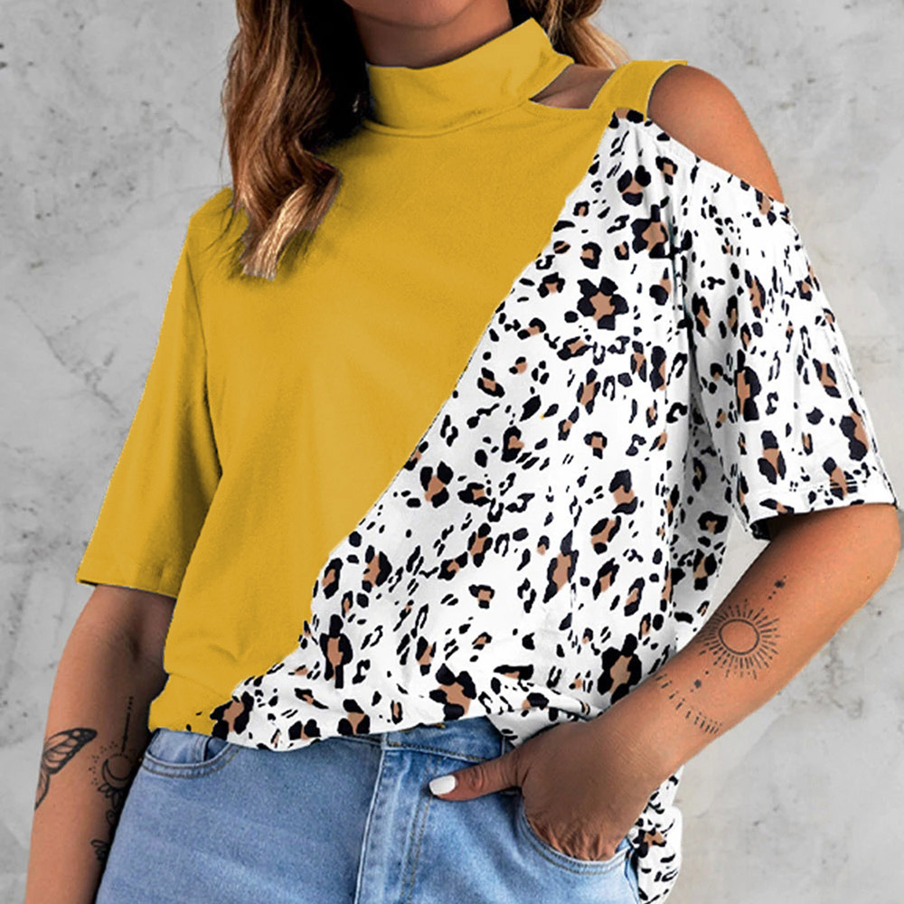 Half Sleeve Stand Collar Mid-Length Leopard Casual Women's T-Shirt