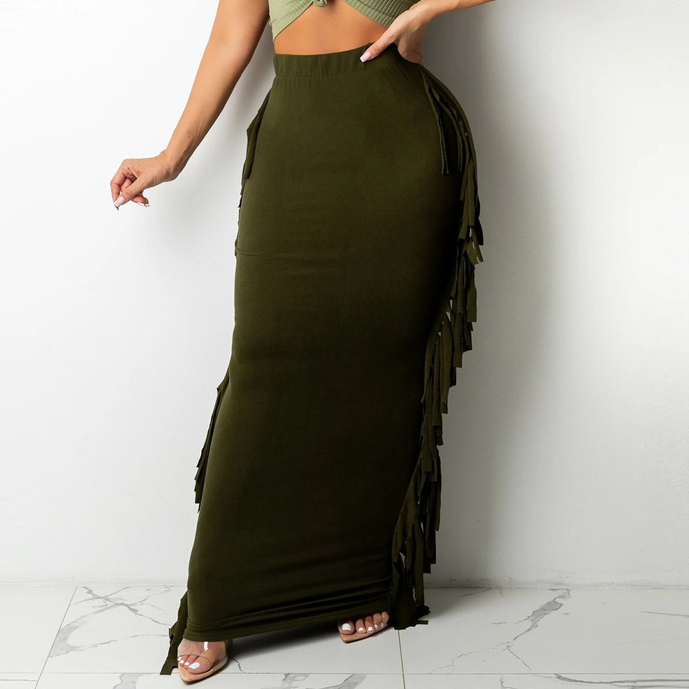 Plain Tassel Bodycon Floor-Length Mid Waist Women's Skirt