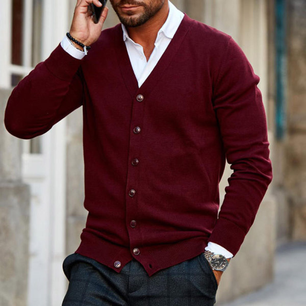 Standard V-Neck Button Plain Slim Men's Sweater