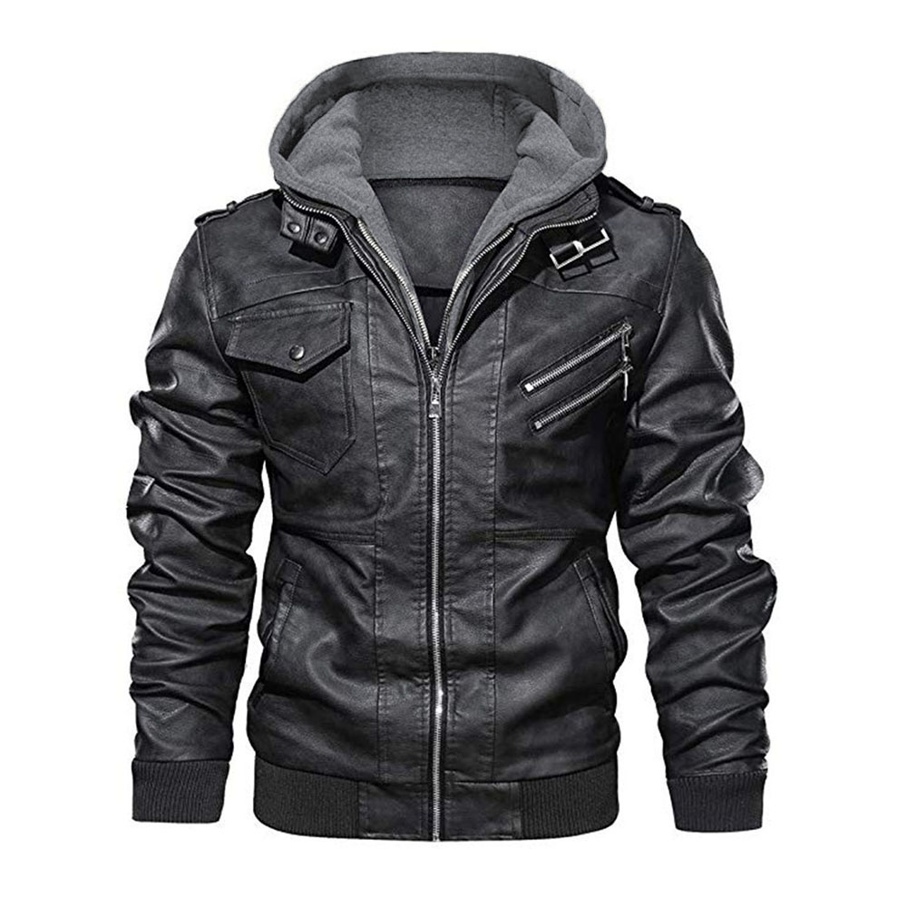Plain Hooded Standard Casual Men's Leather Jacket