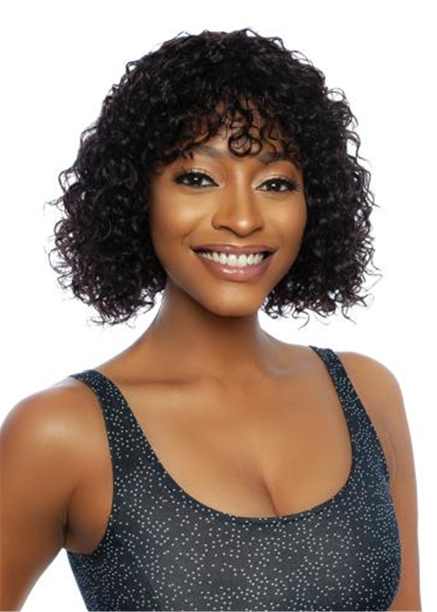 African American Women's Kinky Curly Bob Synthetic Hair Capless Wigs With Bangs 10Inch