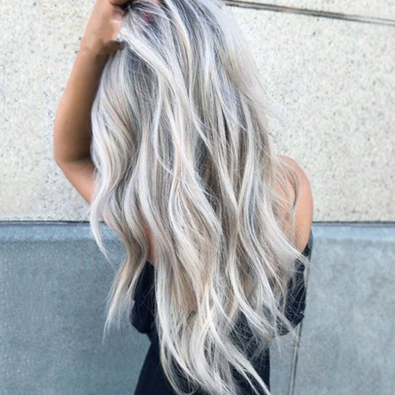 Natural Full Wigs Hair Long Wavy Wig Synthetic Heat Resistant Ombre Silver Lace Front Wigs 26Inches