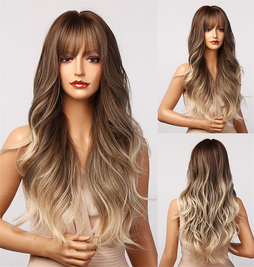 Mix Color Balayage Hair Wig Ombre Loose Wavy Synthetic Hair Capless Wig With Bangs 28 Inches