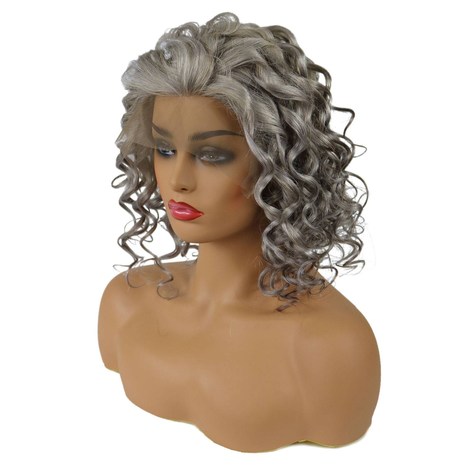 Salt and Pepper Hair Medium Length Human Hair Lace Front Curly Wigs 18 Inches