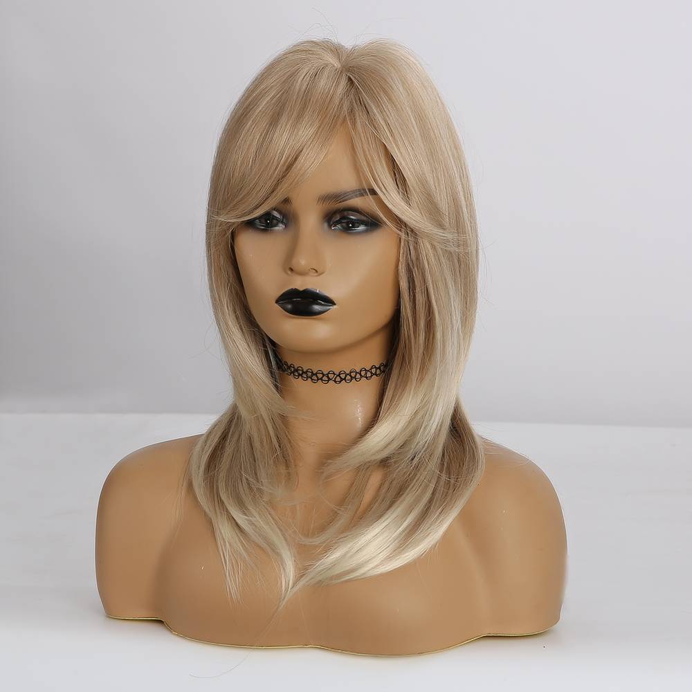 Light Blonde Layered Synthetic Hair Wigs With Bangs 20 Inches