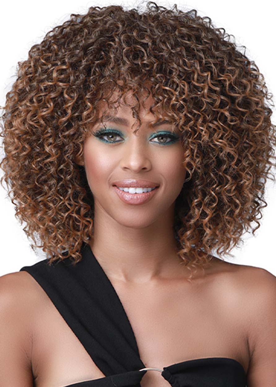 African American Women's Medium Hairstyles Kinky Curly Synthetic Hair Capless Wigs 16Inch