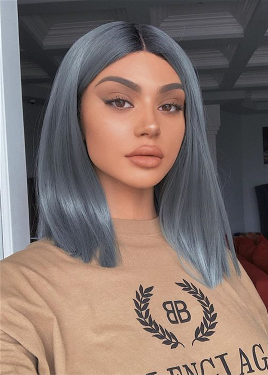 Balanced Grey Bob Hairstyle Natural Straight Human Hair Capless Women Wigs 16 Inch