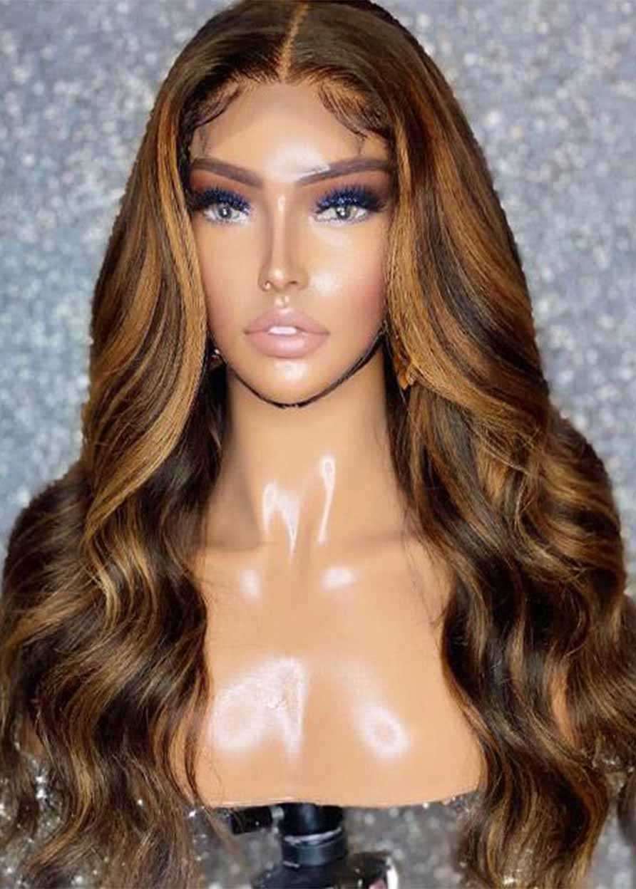 Women's Balayage Hairstyles Highlight Body Wave Human Hair Lace Frontal Wigs 26Inch