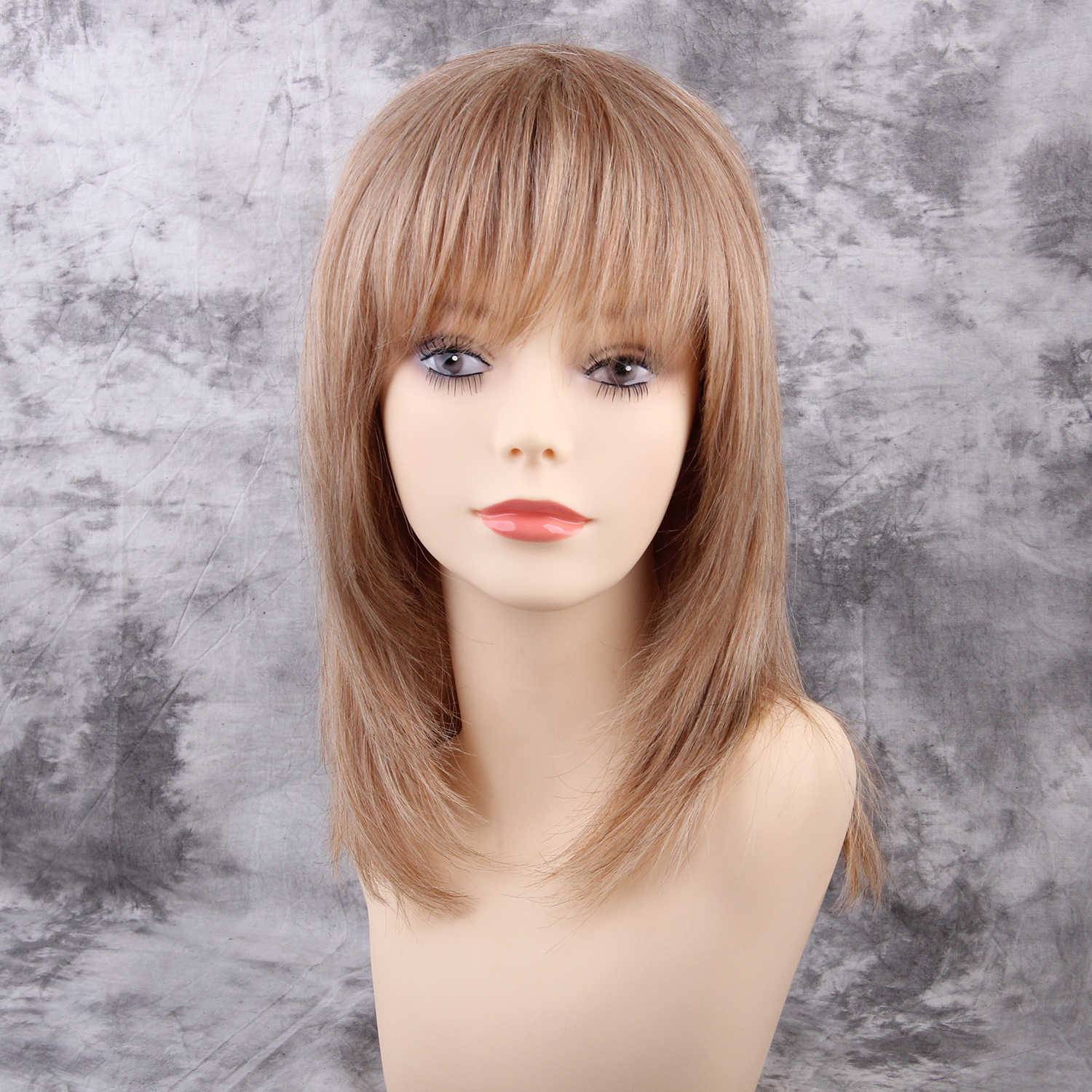 Full Bang Shoulder Length Layered Cut Human Hair Blend Women Wigs