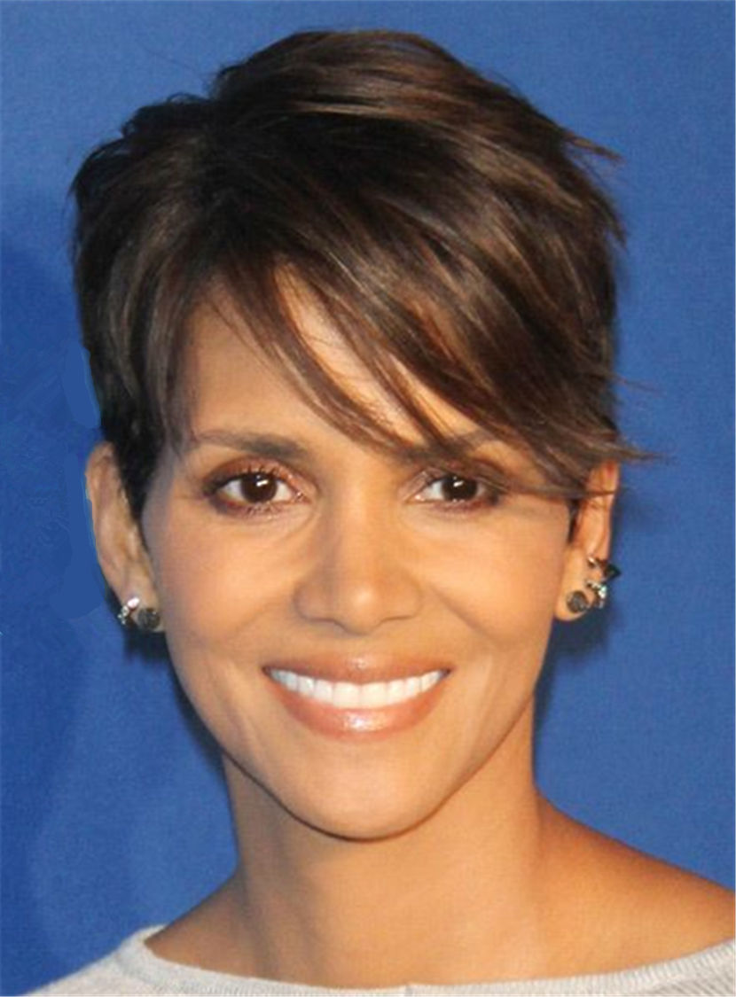 Halle Berry Pixie Boy Cuts Short Layered Synthetic Hair With One Side Part Straight Bangs Capless Cap Wigs 6 Inches