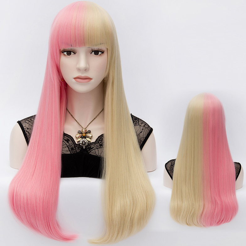 Harajuku Fashion Two-Tone Long Straight Pink-and-Blonde Wig 32 Inches