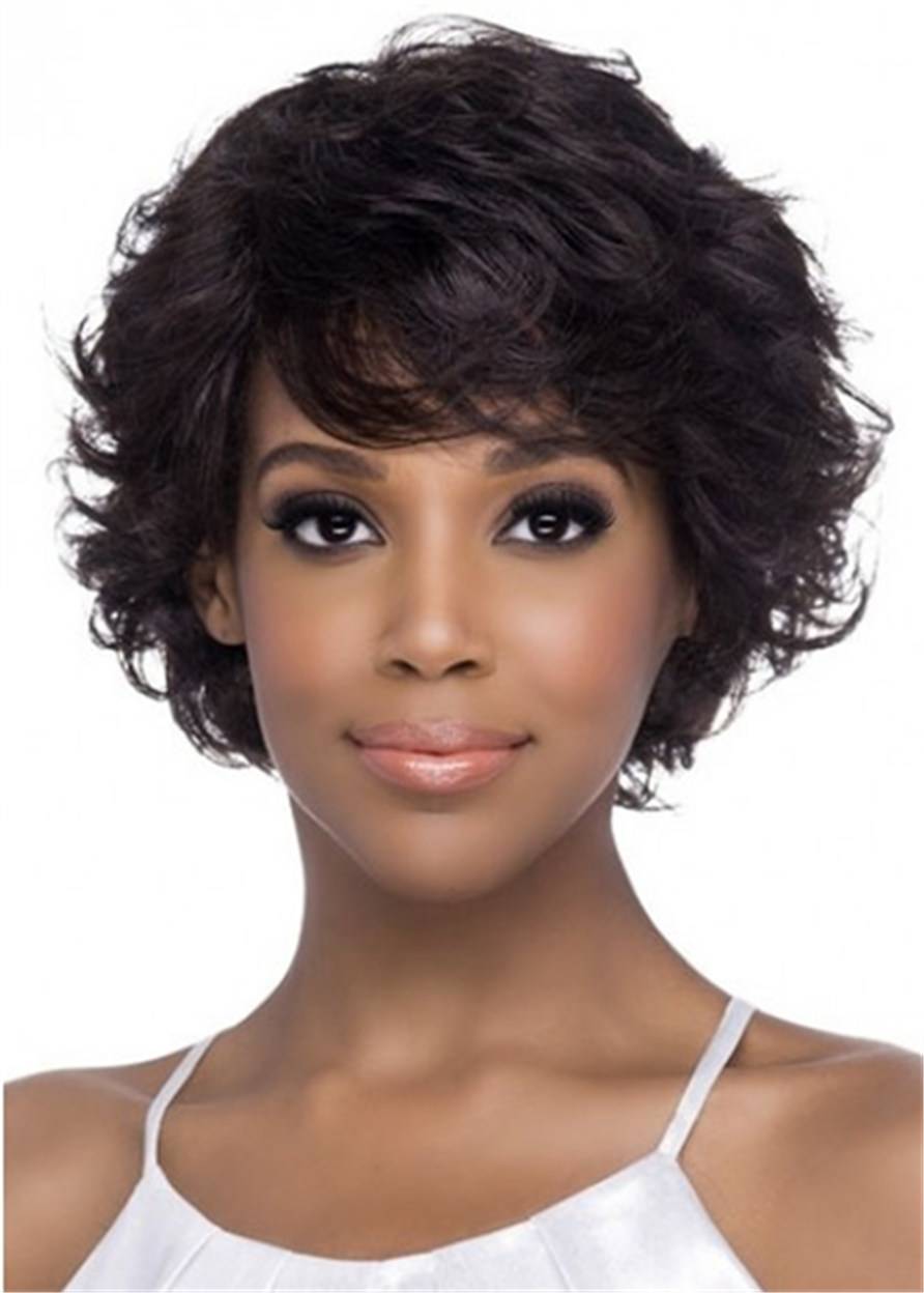 Natural Human Hair Wig With Sweeping Bangs For African American Women 10 Inches