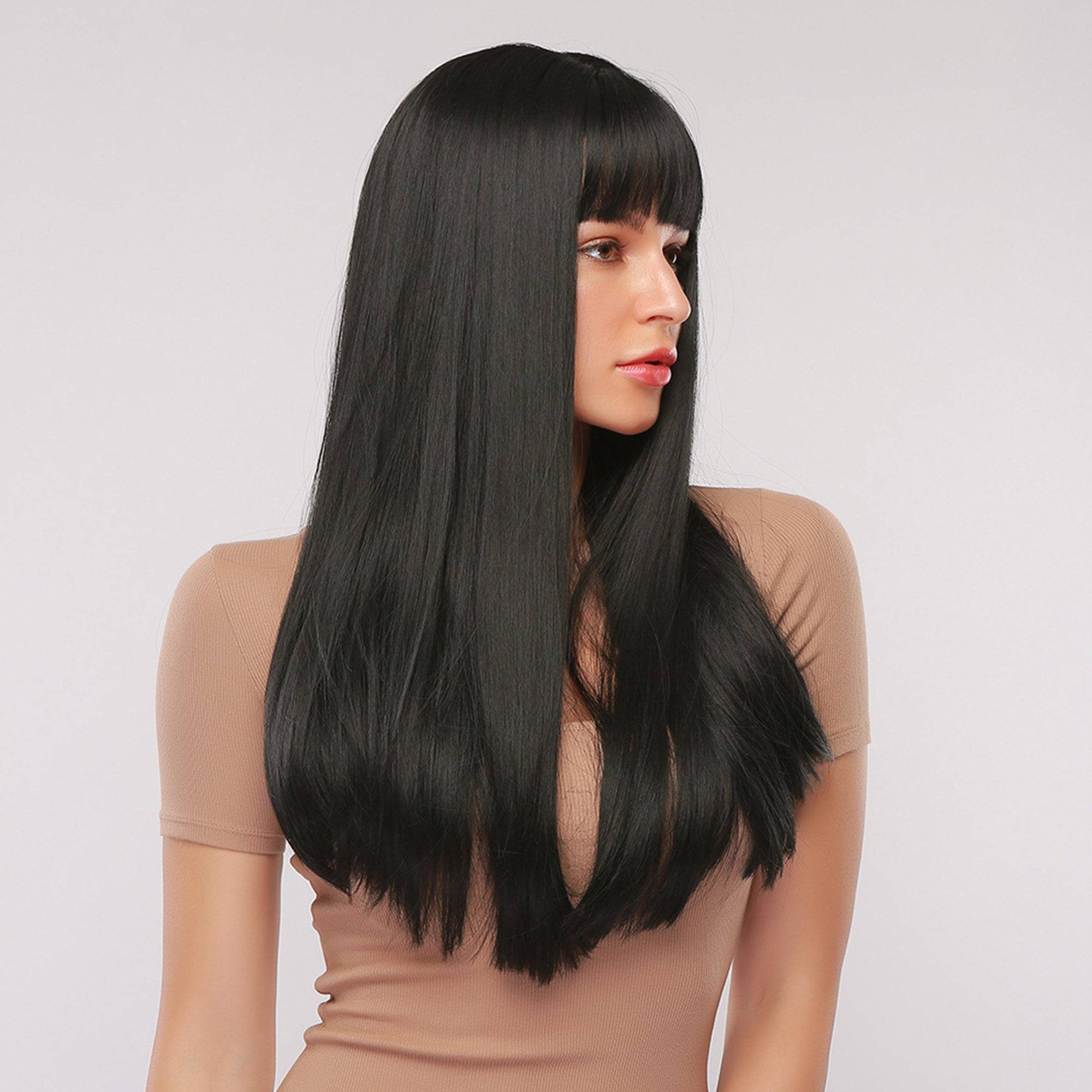 Long Synthetic Natural Straight Hair With Bangs Capless Wig 28 Inches