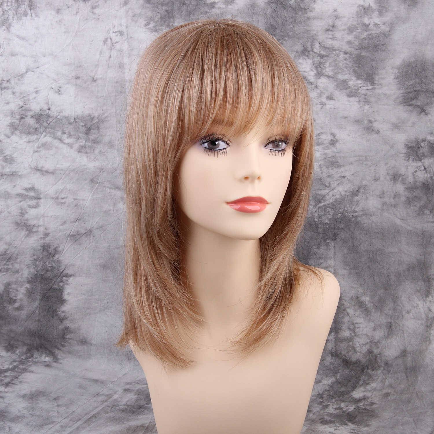 Full Bang Shoulder Length Layered Cut Human Hair Blend Women Wigs