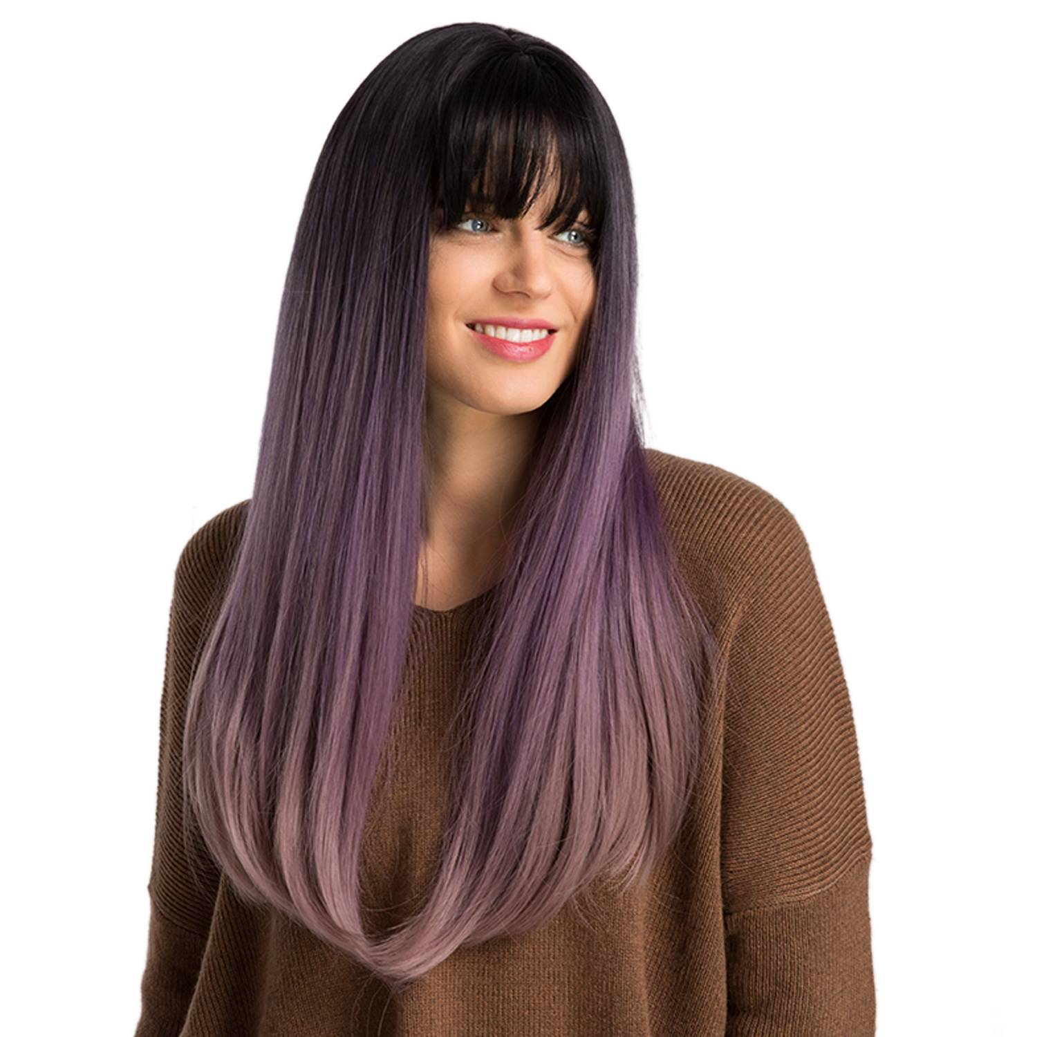 130% Density Long Straight Hair Wigs Black&Purple Color Synthetic Capless Wig 24inch