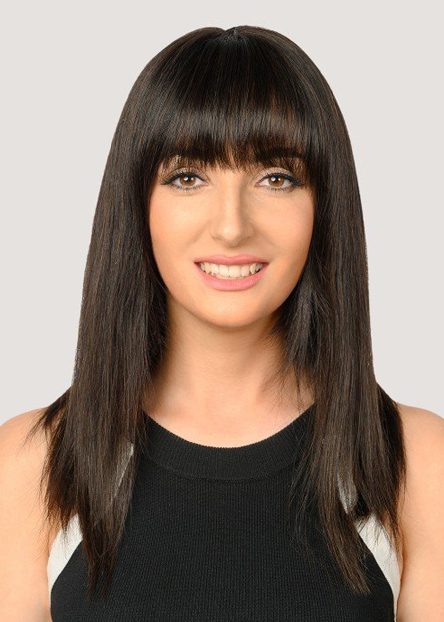 Women's Medium Bob Hairstyles Natural Straight Human Hair Cacpless Wigs With Bangs 20Inch