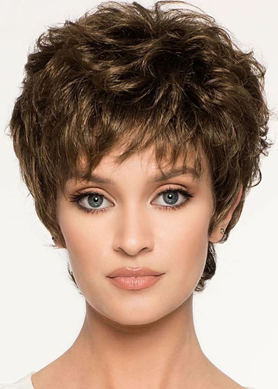 Women's Short Layered Wavy Hairstyles Synthetic Hair Wigs With Bangs Capless Wigs 6Inch