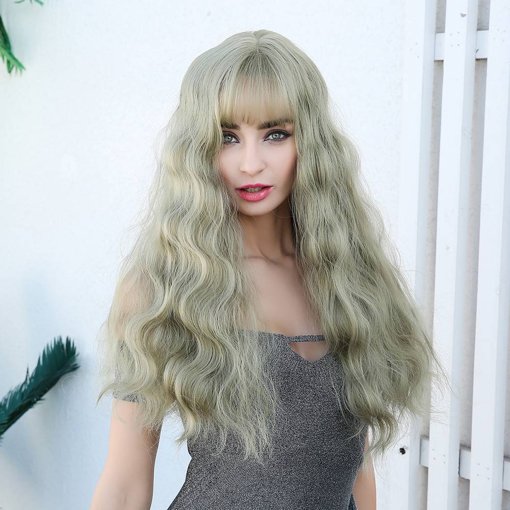 Long Wavy Synthetic Hair With Bangs Light Color Women Wig 26 Inches