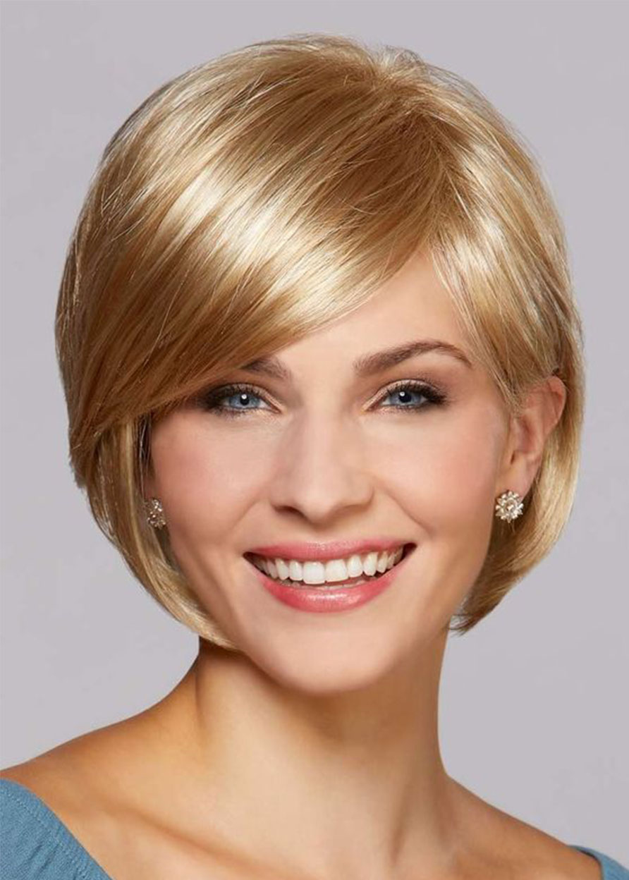 Natural Looking Women's Short Bob Hairstyles Straight Part Side Human Hair Wigs Lace Front Cap Wigs 12Inch