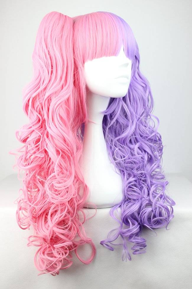 Pretty Lolita Hairstyle Long Curly Pink with Purple Mixed Synthetic Hair Cosplay Wig 28 Inches