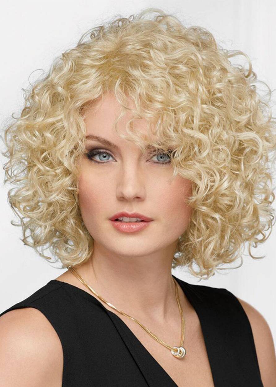 Afro Curly Women's Blonde Color Bob Style Curl Human Hair Capless Wigs 14Inch