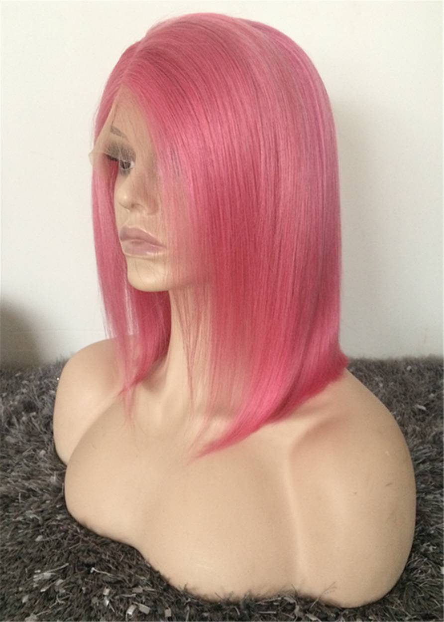 Mid Length Pink Color Straight Human Hair Lace Front Wig