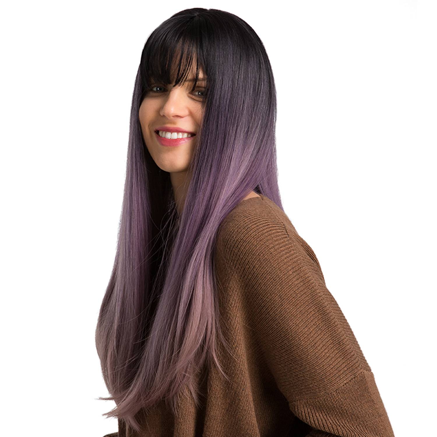 130% Density Long Straight Hair Wigs Black&Purple Color Synthetic Capless Wig 24inch