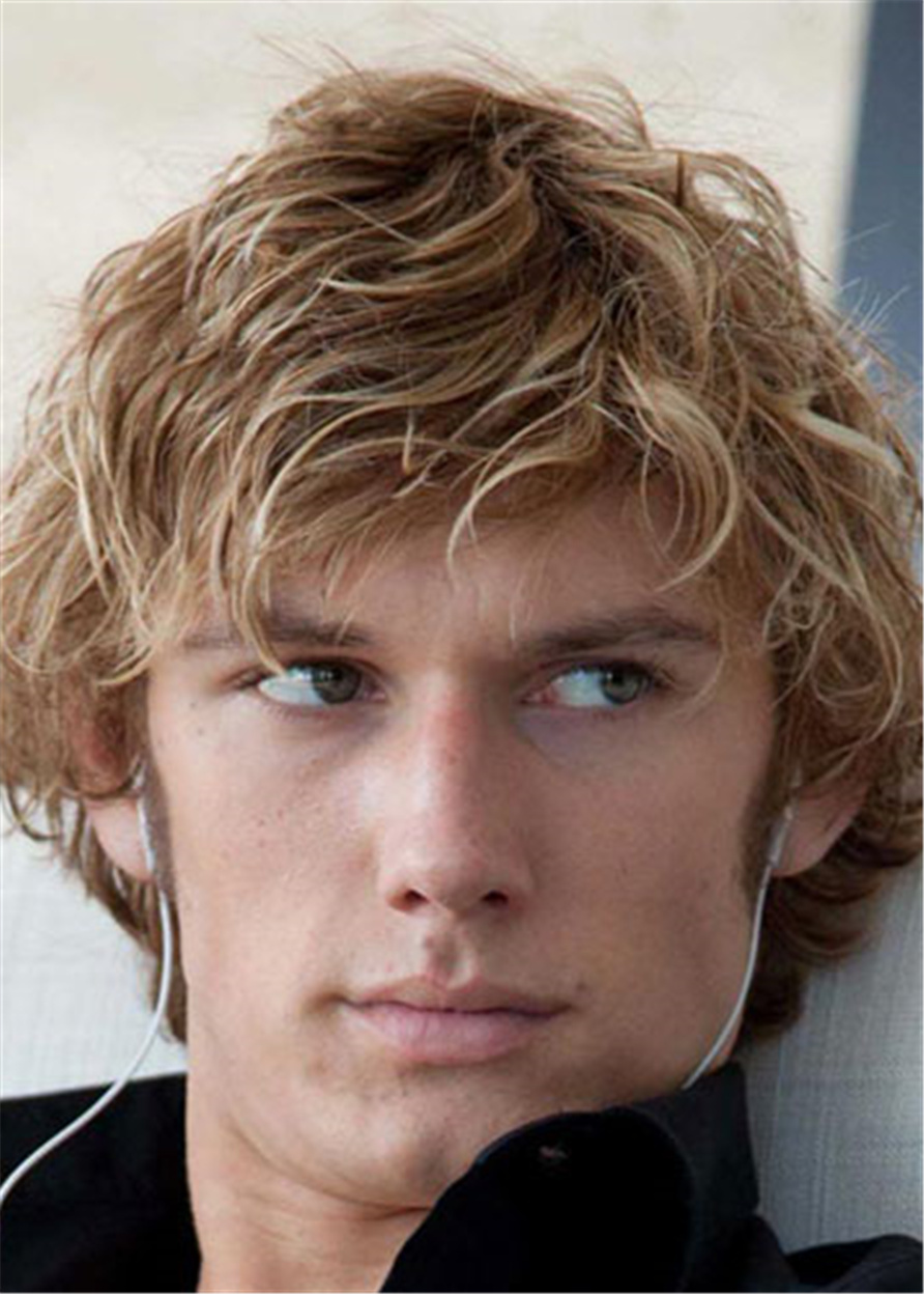 Sexy Men's Short Kinky Curly Synthetic Hair Lace Front Wigs With Bangs 10Inch