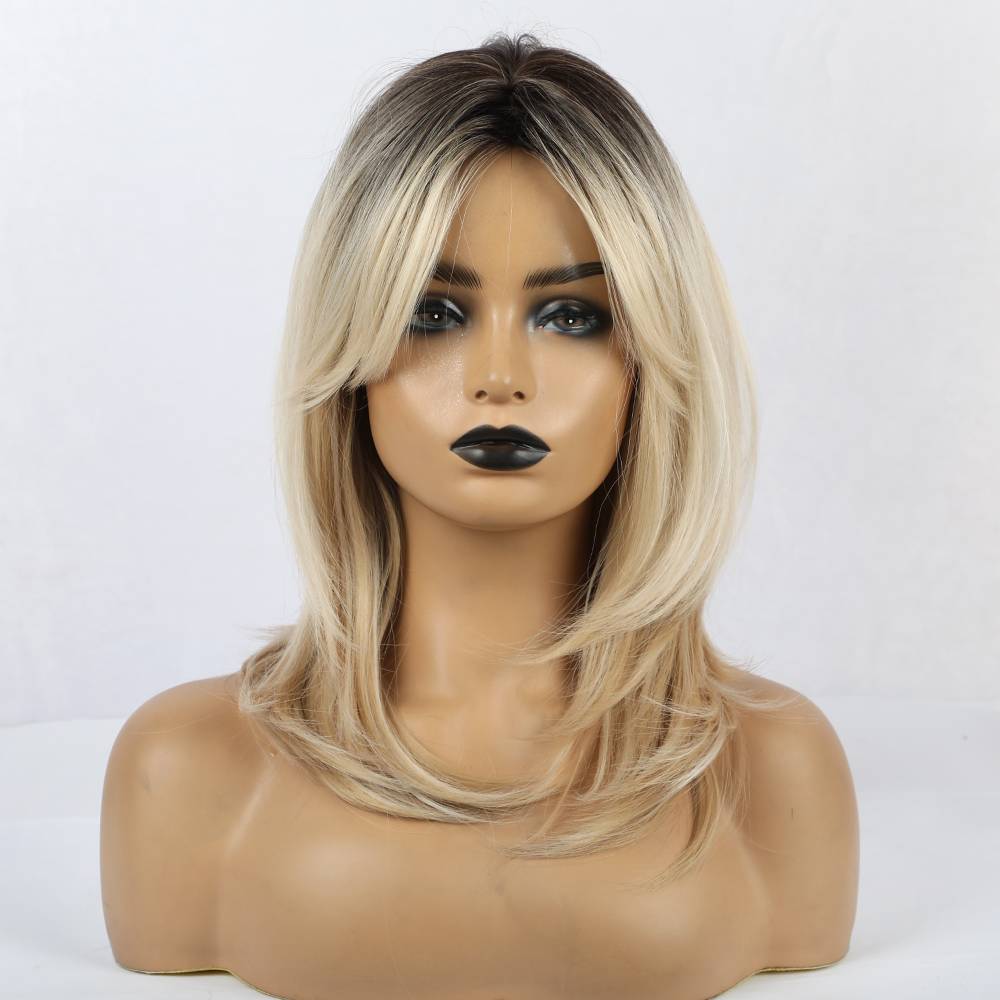 Ombre Blonde Layered Straight Synthetic Wigs With Bangs For American African Women