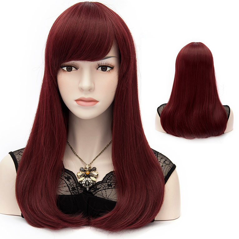 Elegant Long Natural Straight Burgundy Cosplay Wig 24 Inches