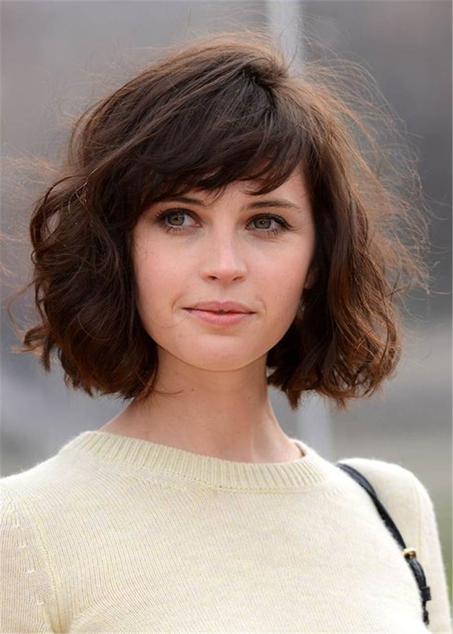 Lob Bob Blunt Cut Wave Human Hair With Bangs Capless Wigs 10 Inches