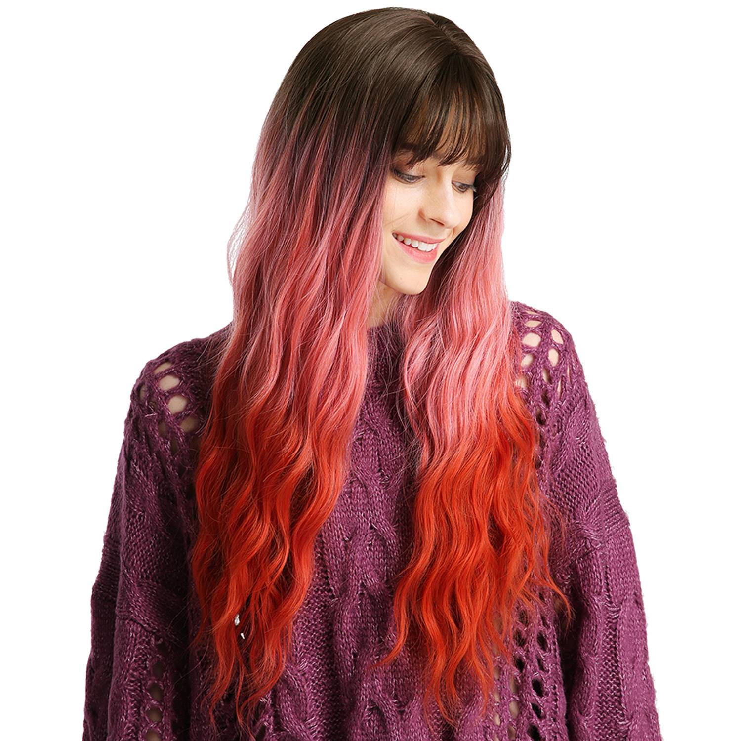 Ombre Hair Long Wavy 	Synthetic Hair With Bangs Women Wig 26 Inches