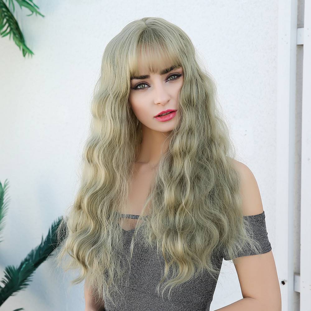 Long Wavy Synthetic Hair With Bangs Light Color Women Wig 26 Inches