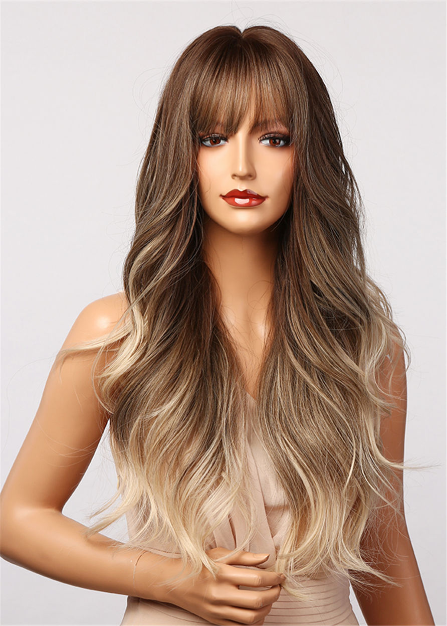 Mix Color Balayage Hair Wig Ombre Loose Wavy Synthetic Hair Capless Wig With Bangs 28 Inches