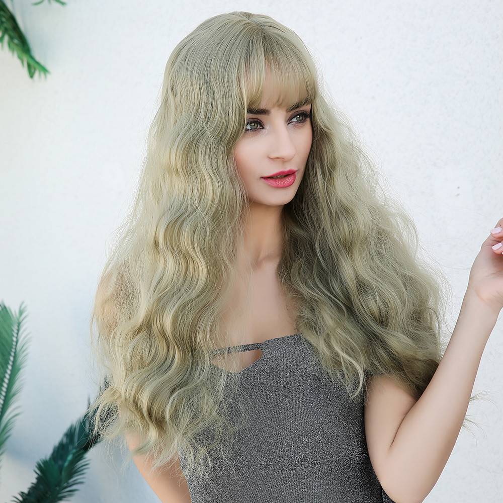 Long Wavy Synthetic Hair With Bangs Light Color Women Wig 26 Inches