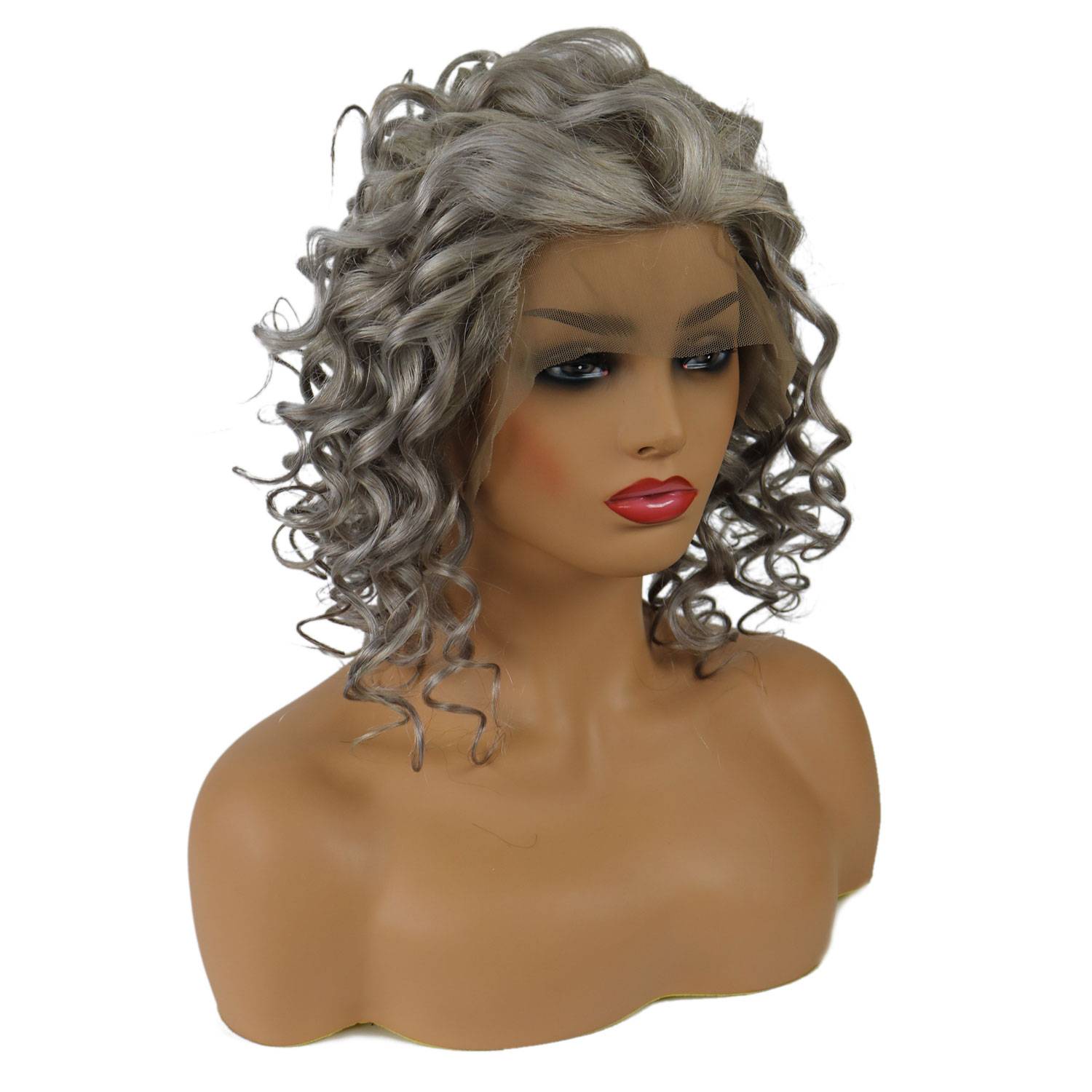 Salt and Pepper Hair Medium Length Human Hair Lace Front Curly Wigs 18 Inches