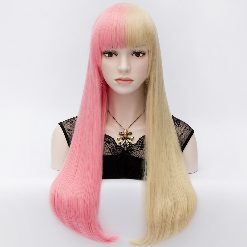 Harajuku Fashion Two-Tone Long Straight Pink-and-Blonde Wig 32 Inches