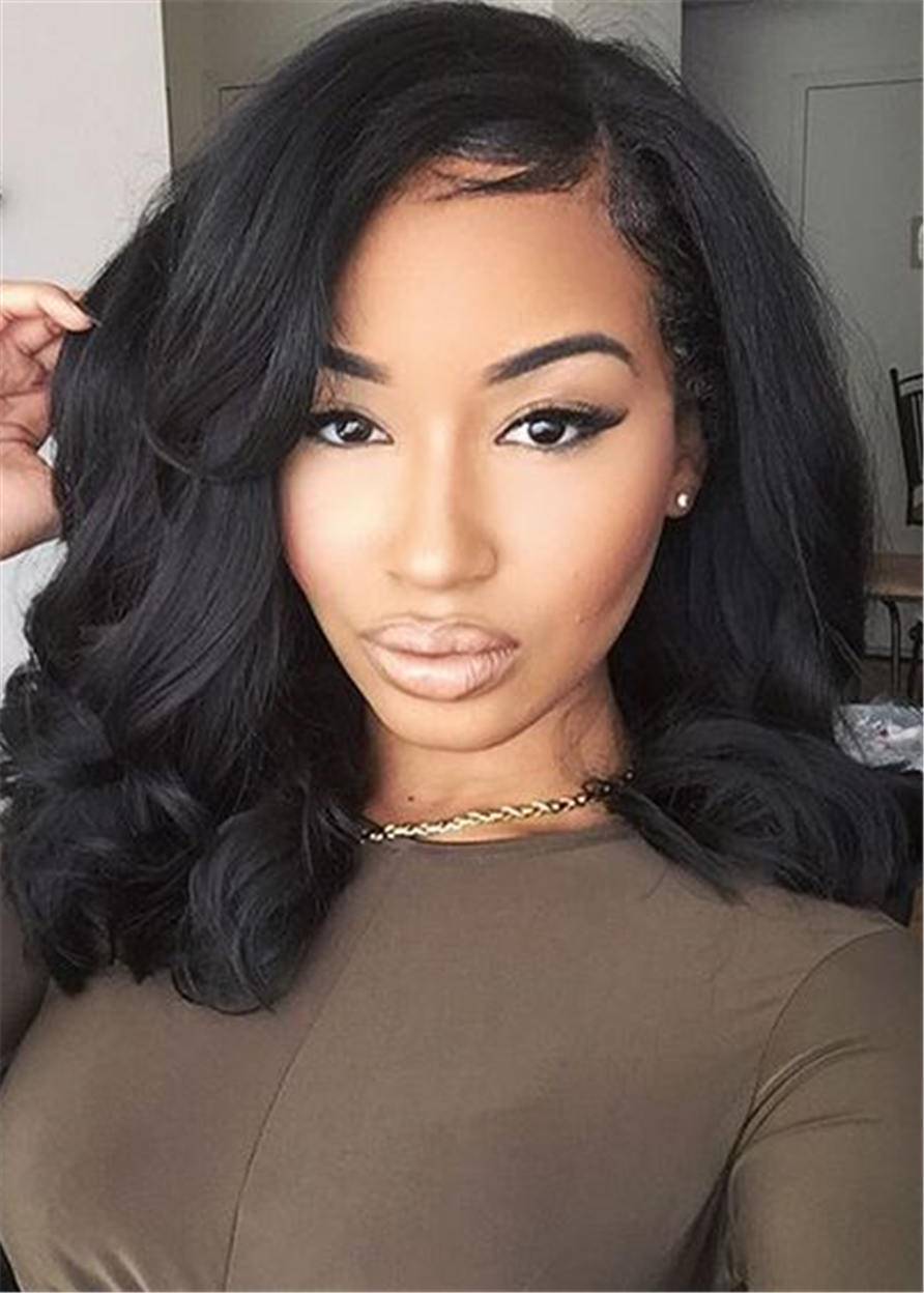 Natural Black One Side Part Big Wave Synthetic Hair Capless Cap Wigs 14 Inches