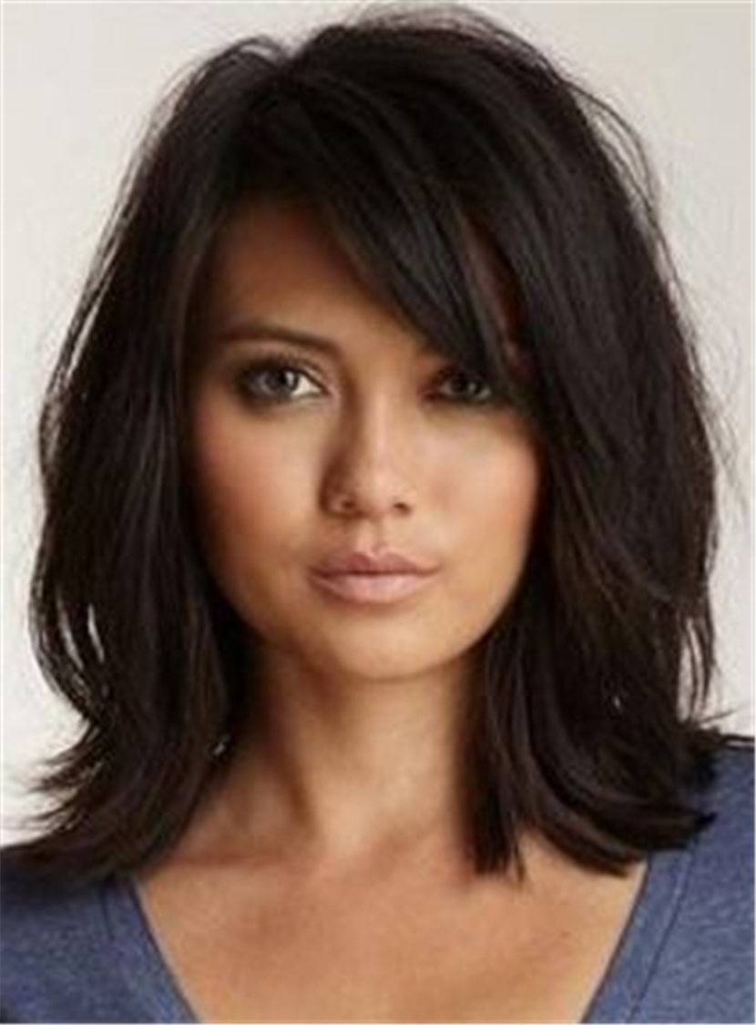 Loose Messy Lob Medium Wave Synthetic Hair With Bangs Capless Wigs 14 Inches