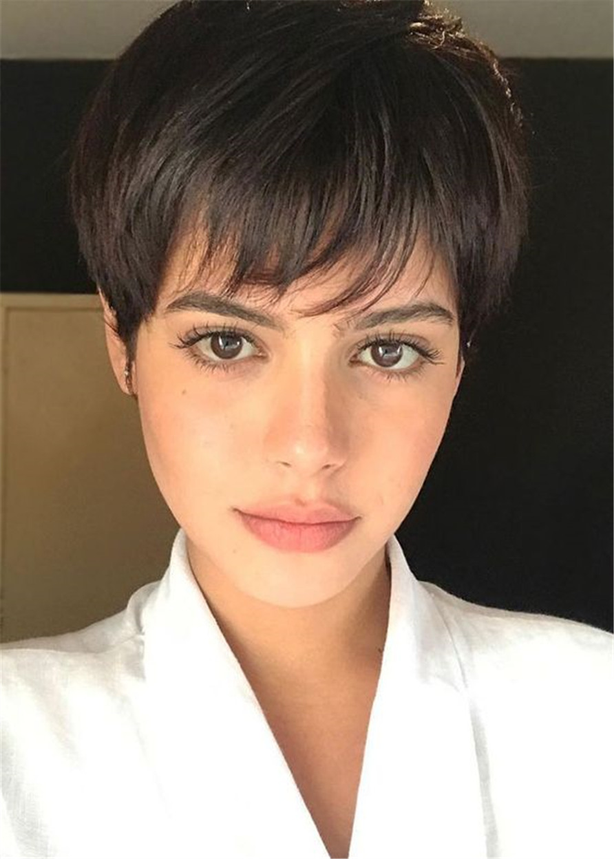 Women's Pixie Cut Natural Straight Human Hair Full Lace Wig With Bangs