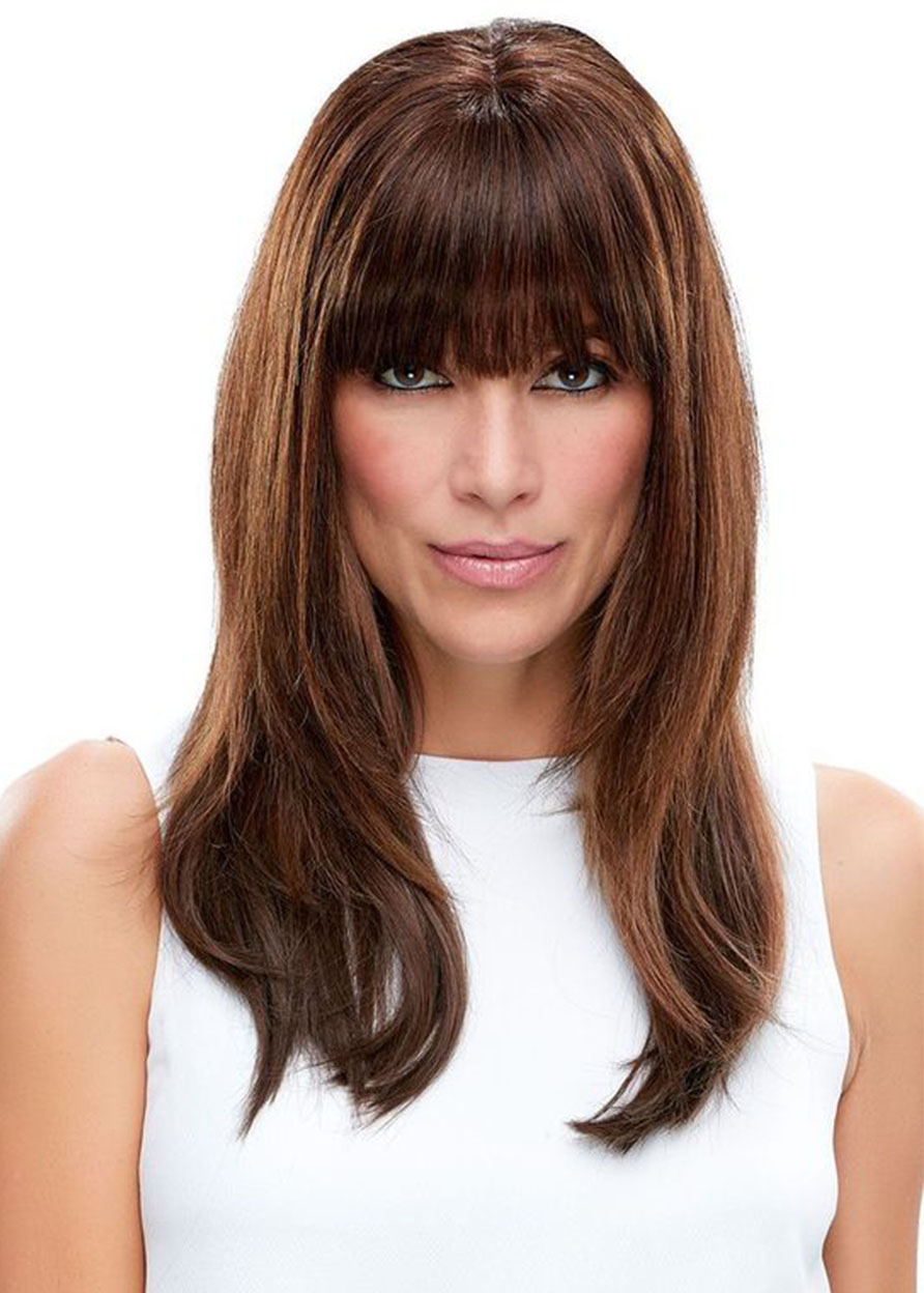 Incredibly Natural Looking Women 's Long Brown Straight Human Hair Wigs Lace Front Wigs Wigs Bangs 22Inch