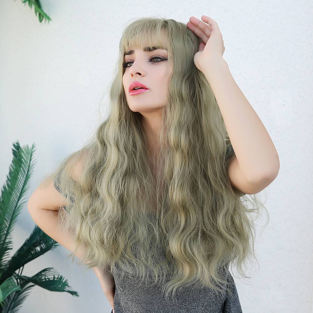 Long Wavy Synthetic Hair With Bangs Light Color Women Wig 26 Inches