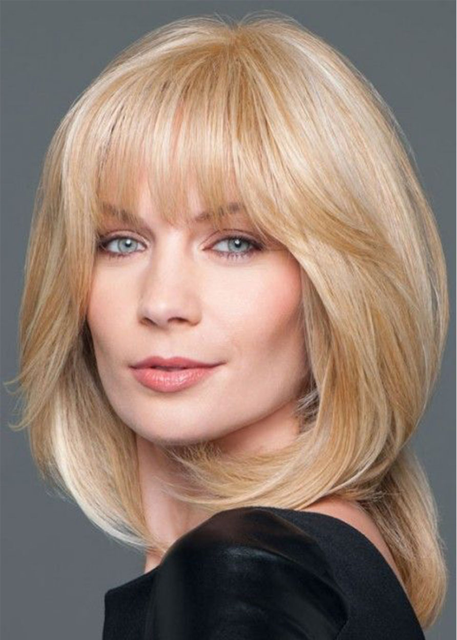 Blonde Color Human Hair Wigs Women's Medium Layered Hairstyles Natural Straight Lace Front Cap Wigs 18Inch