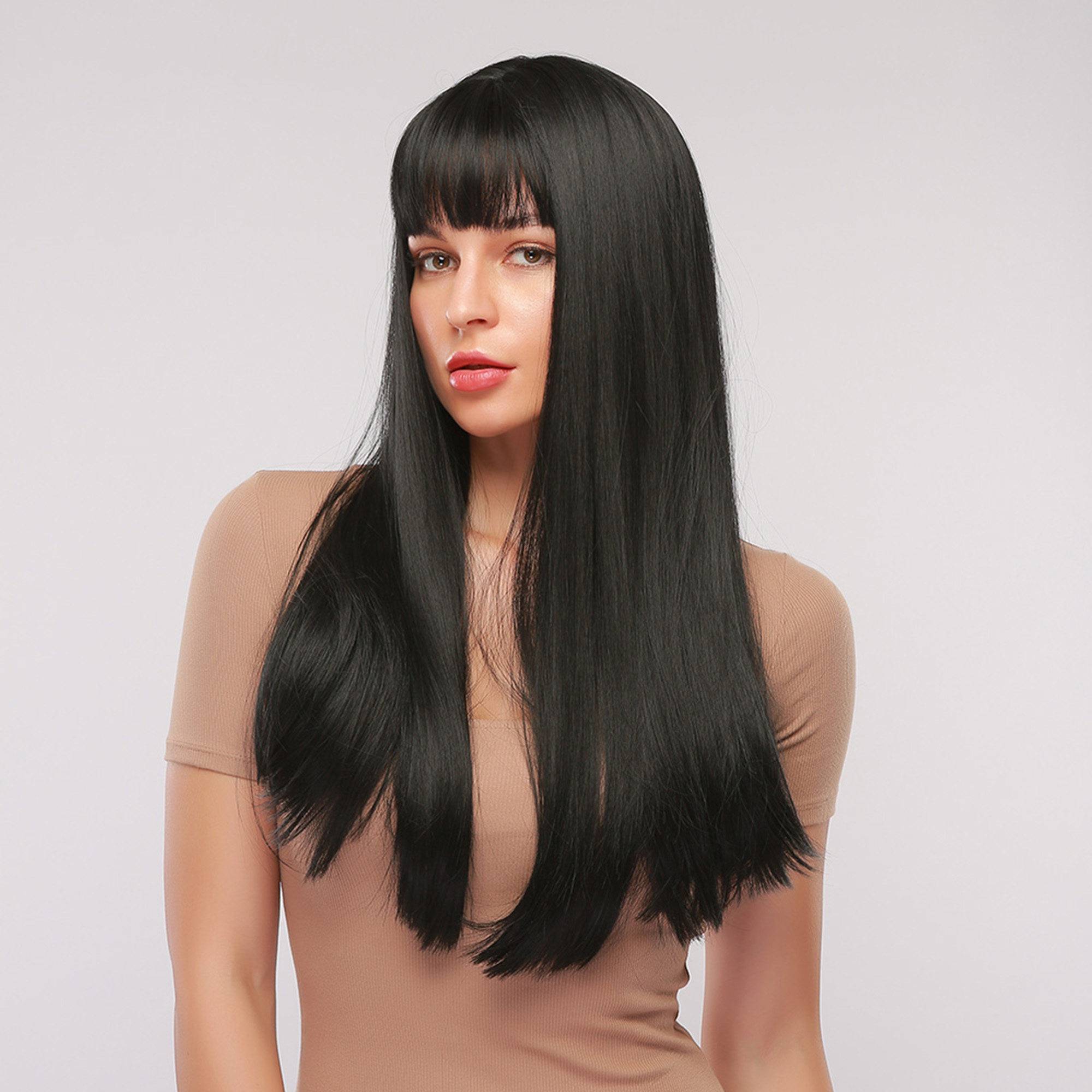 Long Synthetic Natural Straight Hair With Bangs Capless Wig 28 Inches