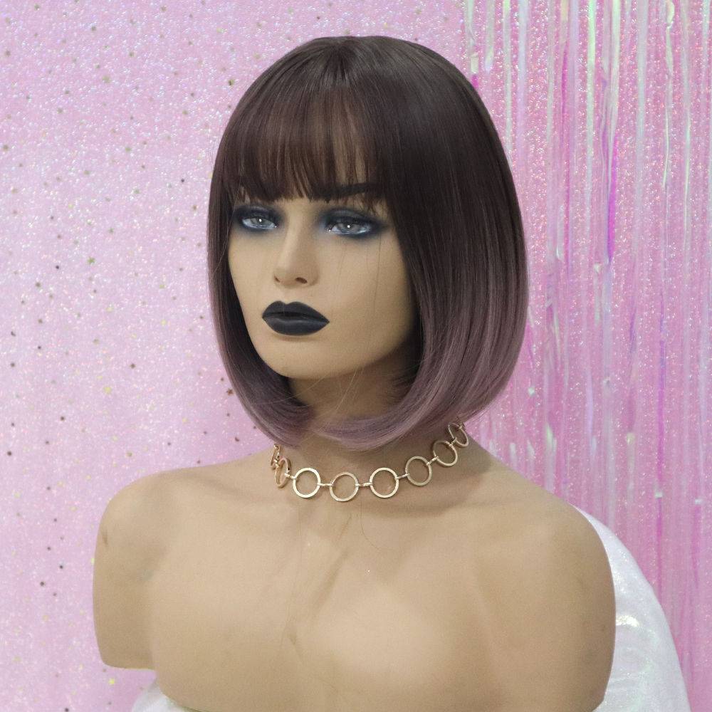 Short Bob Wig with Bangs Capless Straight Synthetic Hair Wigs 12Inch