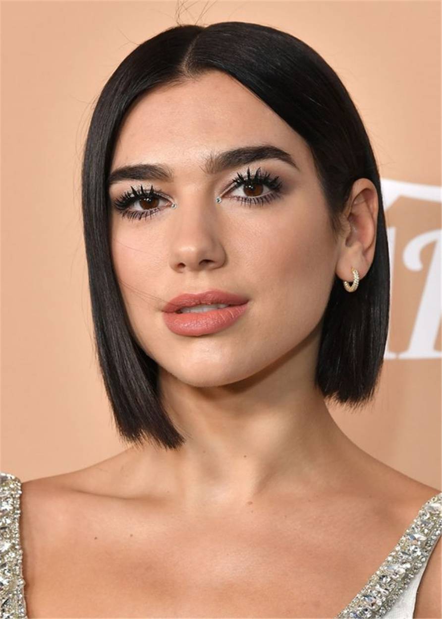 Dua Lipa Hair Cut Asymmetric Bob Middle Part Natural Straight Human Hair Wig